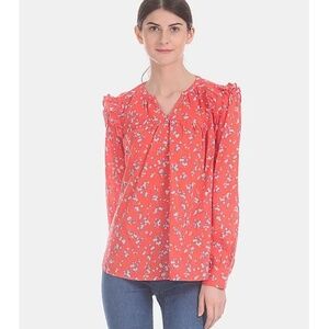 GAP Coral Pink Floral Notch Mandarin Neck Ruffle Shoulder Printed Top Size XL